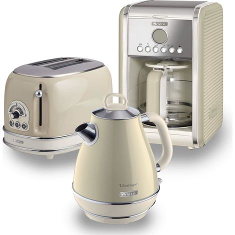 Ariete ARPK7 Retro Style Jug Kettle, 2 Slice Toaster and Filter Coffee Machine Set, Vintage Design, Beige