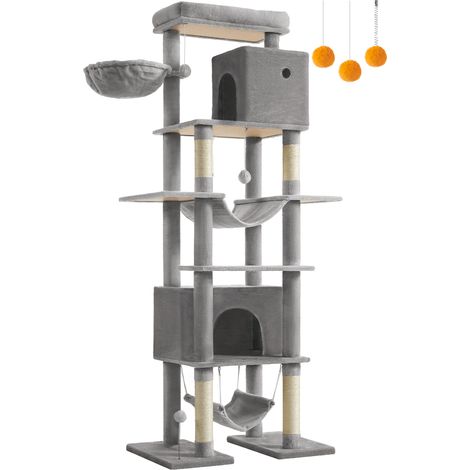 Feandrea – Arbre à chat 201 cm multi-niveaux – 1 plateforme, 1 panier, 2 niches, 2 hamacs – Dispositif anti-basculement – Gris clair