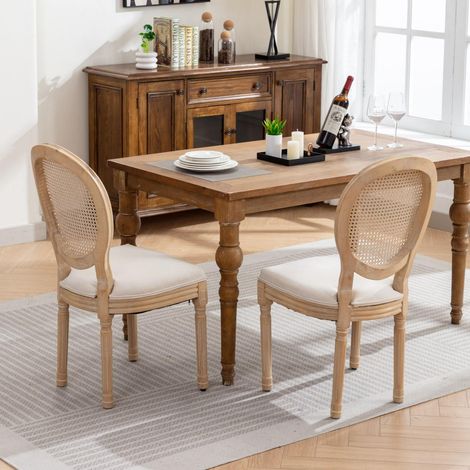 Lot de 2 chaises de salle à manger style français en tissu lin beige, dossier cannage et structure bois massif (1/5)