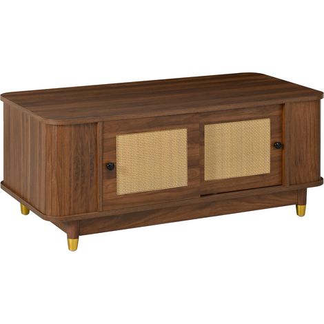 Wohnzimmertisch aus MDF in Nussbaumoptik mit Schiebetüren aus Rattan und Stauraum (1/5)