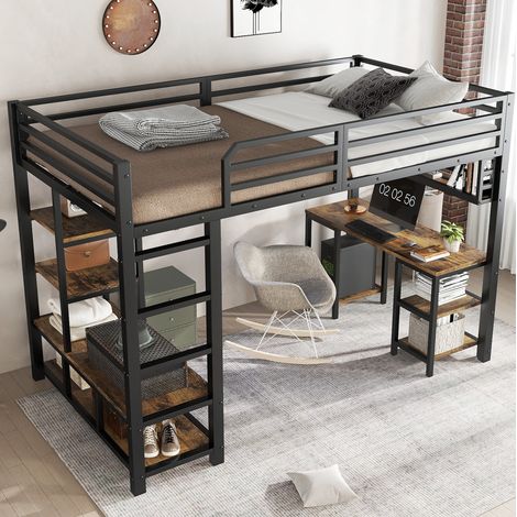 Cama alta 120x200 cm negra y nogal oscuro de metal y tablero con escritorio y estante (1/5)