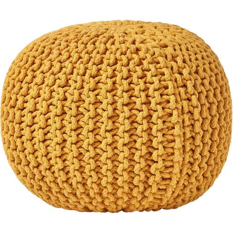 HOMESCAPES Mustard Round Cotton Knitted Pouffe Footstool (1/5)