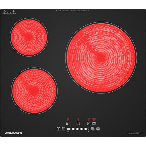 Plaque Vitrocéramique FIREGAS 59 cm, 3 foyers, 5900W, 9 niveaux de Puissance, minuterie 99 min, encastrable