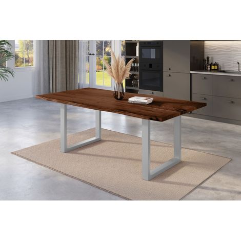Esstisch Baumkante massiv Akazie nussbaum 220 x 100 U-Gestell silber NICK (1/5)