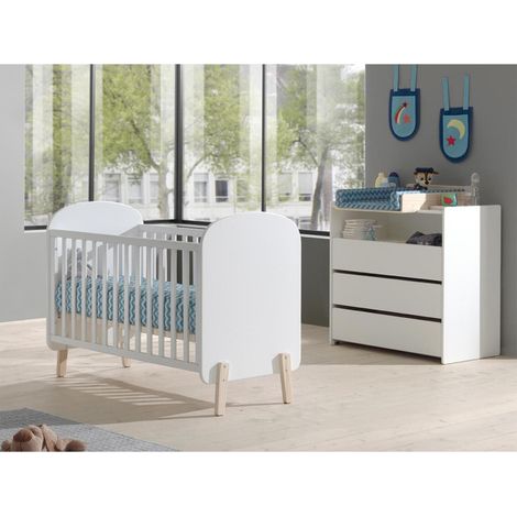 Paris Prix – Pack chambre bébé complète – Lit 60x120cm en pin massif – Commode 3 tiroirs – Plan à langer 72cm blanc (1/4)