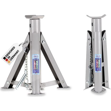 alca® Unterstellbock 3t klappbar I Auto Stützbock Set (2 Stück), faltbar, 3-fach höhenverstellbar mit Sicherheitsstift, Gewicht 2,0kg je Bock, Höhe 290–405 mm, aus Stahl, silber-grau