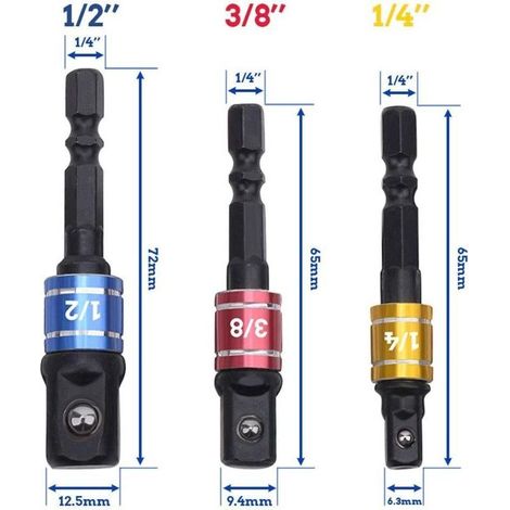 Adaptateur Porte Douilles 1/4" 3/8" 1/2" adaptateur porte douille pour visseuse à choc adaptateur porte douille visseuse a choc Prise Perceuse Visseuse Jeu de Rallonges Colorés (1/3)