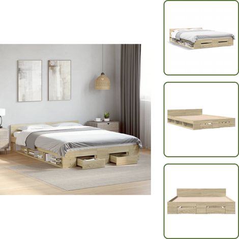 Cadre de lit avec tiroirs sans matelas chêne sonoma 160x200 cm - Cadre De Lit - Lit Double - Lit Avec Tiroirs - Meuble De Chambre - Rangement Sous Lit (1/5)