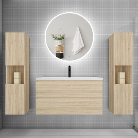 Ensemble meuble vasque L.99cm 2 tiroirs + lavabo + LED miroir rond 90cm + 2colonne,chêne A