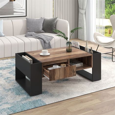 Fortuna Lai – Table basse fixe en bois veiné 106.4x40x60cm – 1 tiroir et compartiments de rangement – Finition noir et gris (1/7)