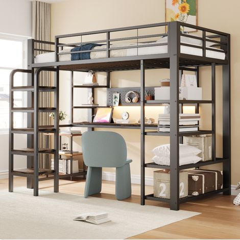 Letto a soppalco 90x200 cm nero metallo e legno con LED e scrivania (1/5)