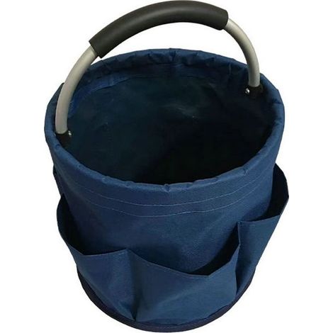 Sac à outils pliable 17L, seau rond multifonction avec poches et poignée. Rangement jardinage, jouets. Bleu. (1/5)