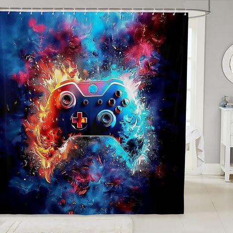 Console de Jeux Rideau Douche Eau Feu Foudre Rideau de Douche Bleu Poignée de Jeu Rideau Salle de Bain Décor Filles Enfants Cool Jeux Vidéo Rideaux Imperméables Géométriques À Rayures Rideaux,180x200 (1/5)