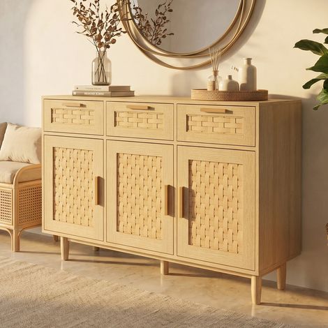 Buffet de rangement en rotin,3 tiroirs, 3 portes, meuble de rangement pour salon, couleur chêne,MDF,107.9 x 40 x 80 cm