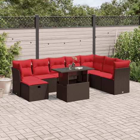 9-teiliges Gartensofa-Set mit Kissen, braun, Polyrattan (1/5)