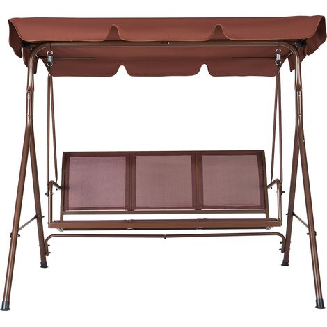 Mophorn 3-Sitzer-Terrassenschaukelstuhl, Outdoor-Schaukel mit verstellbarem Baldachin, Armlehnen, Teslin-Stoff und Rahmen aus legiertem Stahl, für Balkon, Hinterhof, Terrasse, Garten, Poolrand, Braun (1/5)