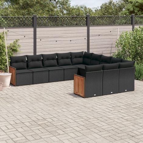 Ensemble Salon Jardin 11 Pièces Résine Tressée Noir avec Coussins - Mobilier Extérieur Modulaire avec Rangement (1/3)