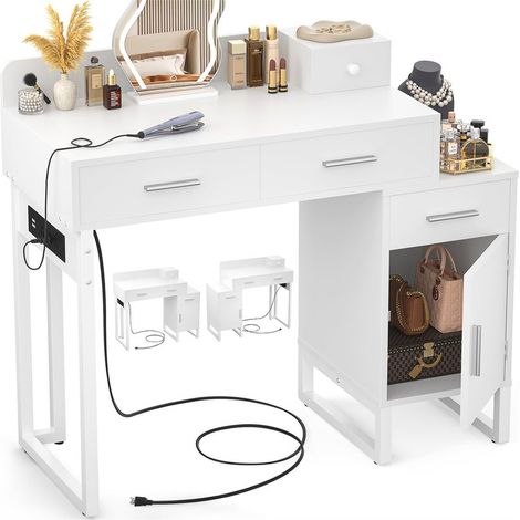 Vanity Desk with 4 Storage Drawers, Charging Station & Divided Organizers - Modern Makeup Vanity Table for Women Girls