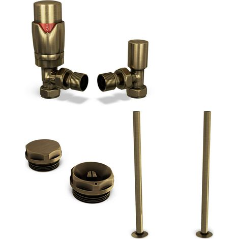 Stirling Bold - Thermostatic Radiator Valve & Installation Kit - Antique Brass Angled 15mm