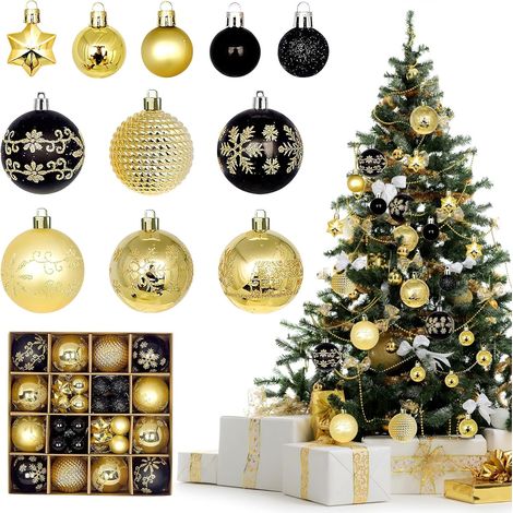 Boule de Noël 44 pièces, déco sapin rouge blanche or noir, ornements de fête intérieur extérieur, kit suspendre arbre (noir et doré) (1/4)