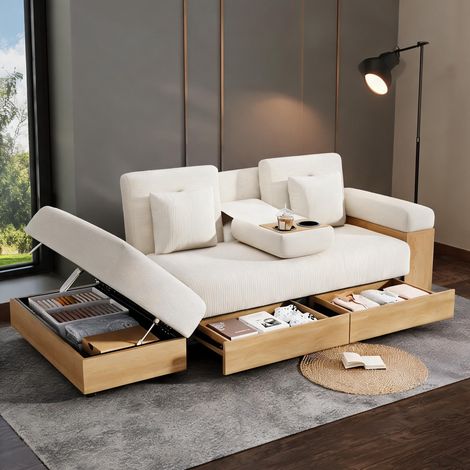 Canapé d'angle fixe 3 places en tissu beige avec rangements (1/5)