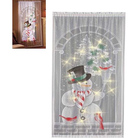 Weihnachts-Spitzengardinen mit LED-Lichtern, Schneemann-Motiv, halbverdunkelnd, Wohnzimmer-, Schlafzimmer- und Heimdekoration (1/5)