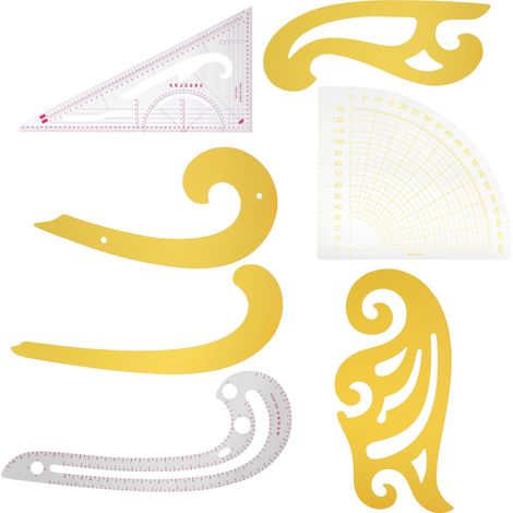 Kit de 7 règles de couture : gabarits de dessin technique (courbes françaises, formes droites et arcs) pour la conception de costumes et vêtements. (1/5)