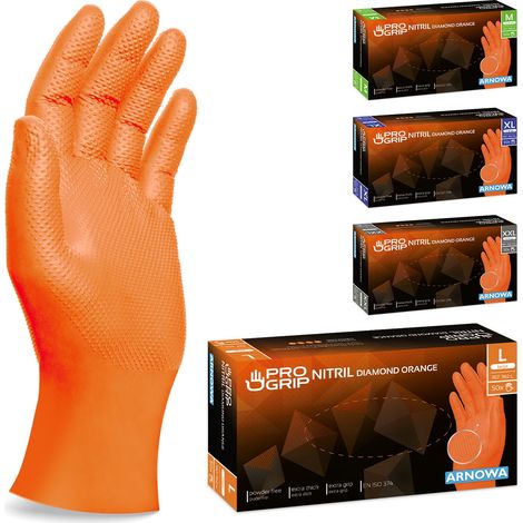 50x PROGRIP Gants nitrile taille L Orange [Avec double épaisseur et texture diamantée], Gants nitrile à usage unique pour atelier, industrie et montage, Gants nitrile à usage unique (1/5)