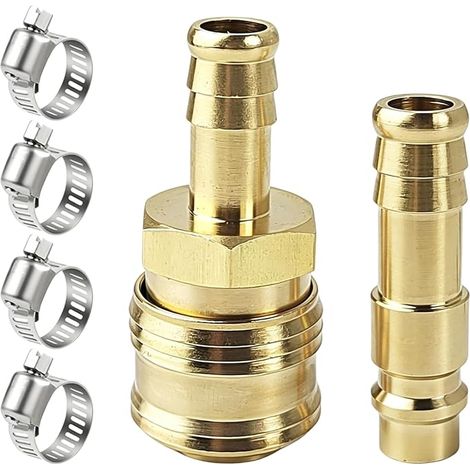 Lot de 2 Raccords Rapides Pneumatiques en Laiton, Connecteur pour Air Comprimé avec Embout Cannelé 10mm et 4 Colliers de Serrage, Raccord Rapide Air pour Conduites d'Air (1/5)