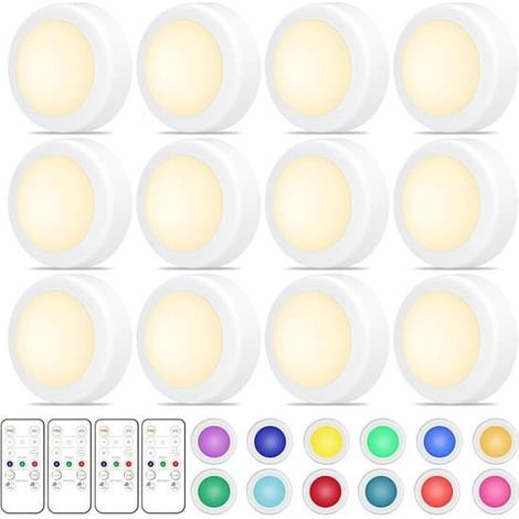 Lot de 12 spots LED ronds sans fil à piles pour éclairage sous meuble - 16 spots à intensité variable et couleurs changeantes - Blanc - Lot de 12