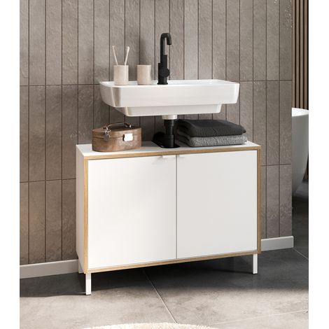 Meuble sous lavabo 80 cm moderne blanc/chêne Katya