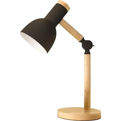 1 Lampe de table, Bras en bois réglable, Abat-jour en fer, Prise E27, Pour chambre et bureau