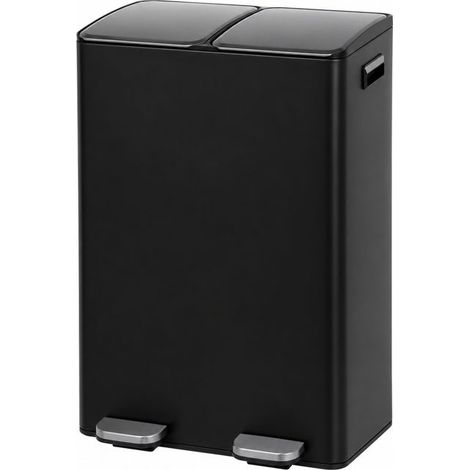 Poubelle de tri sélectif rectangulaire à 2 compartiment en métal Noir avec 2 pédales-Longueur 45 x Profondeur 36 x Hauteur 71,5cm (1/5)