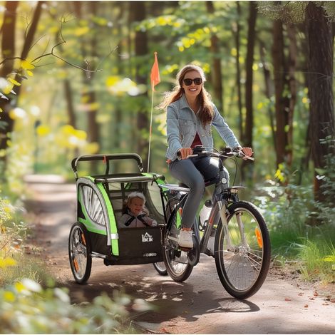 remorque vélo enfant 2 en 1, 2 places, verte – poussée, pluie, freinage (1/5)