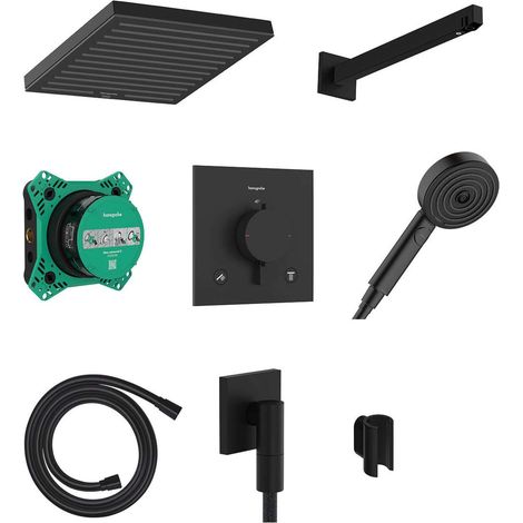 Hansgrohe Pulsify E - Conjunto de ducha con termostato oculto, con cuerpo, 26x26 cm, EcoSmart, negro mate. 24625670 (1/5)