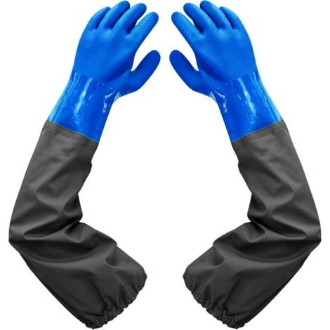 Dépolie Étanche Gants-Allonger Gants en Caoutchouc-Gants de Nettoyage D\'étang, Doublure Floquante Poignets Élastiques, Pour Industrie chimique Agriculture Pêche Construction (bleu, Brie, 70cm) (1/5)