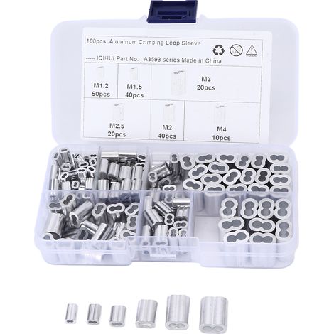 Lot de 180 manchons à sertir, 6 tailles, manchon double en aluminium, universels pour extrémités de câbles métalliques. (1/5)