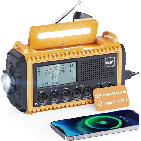Radio à Manivelle Dab/FM avec Batterie 5000 mAh, Solaire Portable avec Lampe de Poche LED et Liseuse, Chantier Dab+ IPX4, Alarme SOS d'urgence, Adaptée pour Randonnée (Dab Jaune) (1/5)
