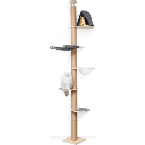 Arbre à chat mural réglable en hauteur, griffoir vertical avec plateformes, hamac et niche pour chats, installation sans perçage, design peu encombrant pour plafond de 175 à 300 cm