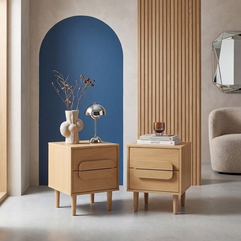 Lot de 2 tables de chevet vintage décor bois de chêne 2 tiroirs L 40 x P 40 x H 50cm - Juliana