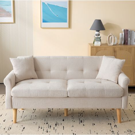 Canapé 2 places 162x74x77 cm beige – avec 2 coussins, tissu chenille et pieds en bois MEUBLIV (1/5)