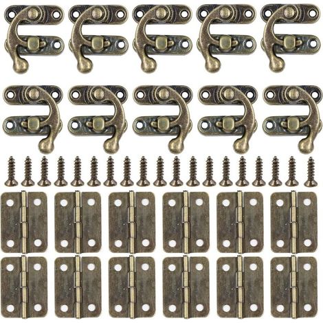 Set aus 10 antiken, links/rechts verstellbaren Haken mit Verriegelung + 12 kleinen Scharnieren mit Schrauben, ideal zum Dekorieren von Holzkisten