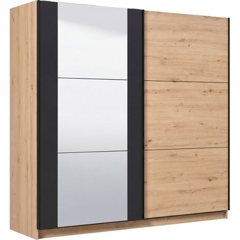 Großer Garderobenschrank Gandino, Schlafzimmer Kleiderschrank, 8 Regale, Schiebetür, 217x210h cm, Eiche Braun Knoten