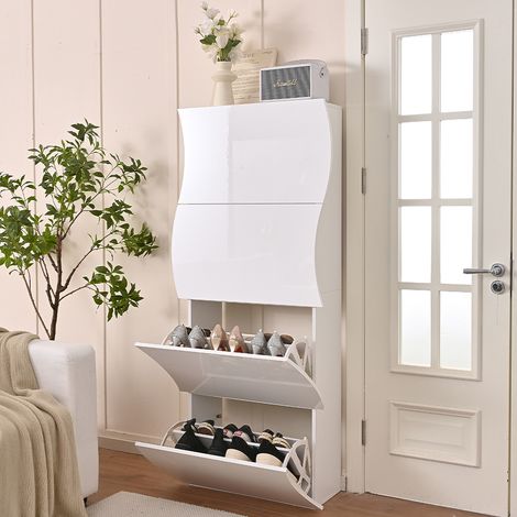Scarpiera Ingresso in Legno Lucido ONDE 4 Ante Bianco Salvaspazio 71x26.5x161cm (1/5)
