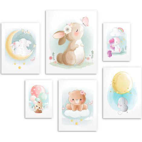 Poster per bambini Animali pastello Immagini per la cameretta dei bambini 6 pezzi 100x100 (1/5)