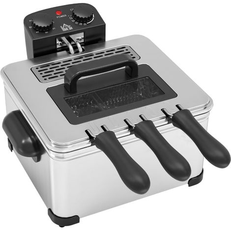 Friteuse avec une capacité de 5 litres. La température peut être ajustée, et il y a un minuteur. Puissance : 2000 watts. Matériau utilisé pour la fabrication : acier inoxydable. (1/4)