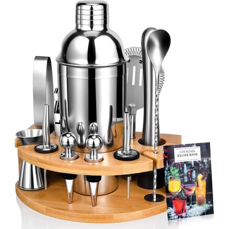 Kit shaker per cocktail, set da barman in acciaio inossidabile da 12 pezzi, shaker per cocktail da 750 ml, kit per cocktail da barman con supporto in legno per casa o bar (1/5)