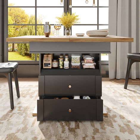 Table extensible MDF noir/natur 110-140x80x75 cm mit Stauraum und Soft-Close