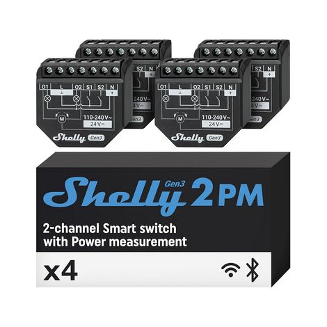Shelly 2 PM Gen3, Interruttore relè WiFi intelligente, confezione da 4