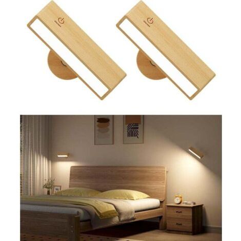 Lot de 2 Applique Murale Intérieure Bois,Lampe Murale Sans Fil Rechargeable USB,Réglage de La Luminosité Applique Murale Sans Fil Chambre,Lampe de Chevet Murale Tactile,lampe sans fil